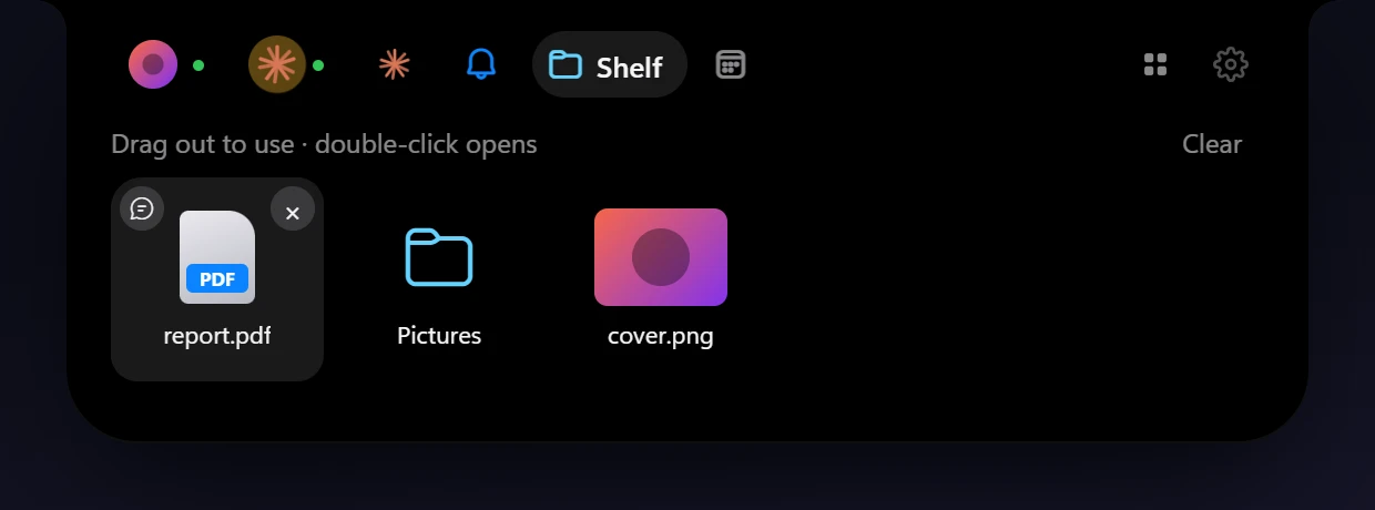 Shelf holding a PDF, a folder and a picture